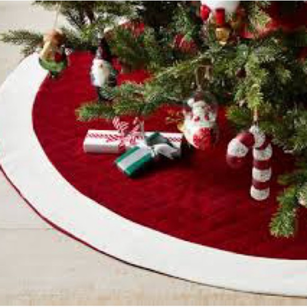 Pottery Barn Large Velvet Christmas Tree Skirt, Red with Ivory Cuff